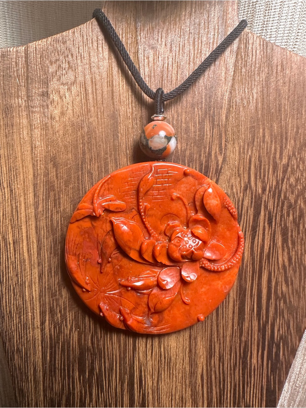 Large Round Red Agate Lotus and Dragonfly Pendant Necklace on Black Rope - Picture 6 of 13